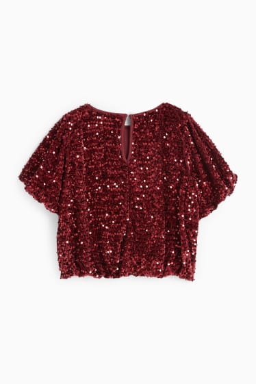 Copii - Fete - Tricou cu mânecă scurtă din catifea cu paiete - vișiniu