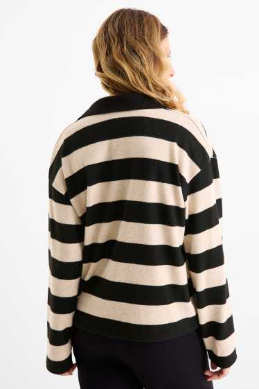 Femei - Tricou polo cu mânecă lungă - din tricot - cu dungi - negru / nej