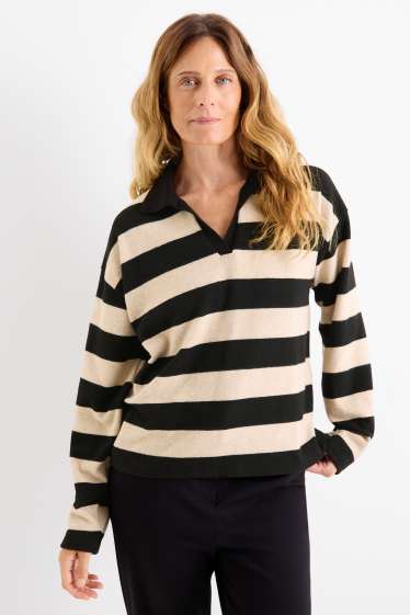 Femei - Tricou polo cu mânecă lungă - din tricot - cu dungi - negru / nej