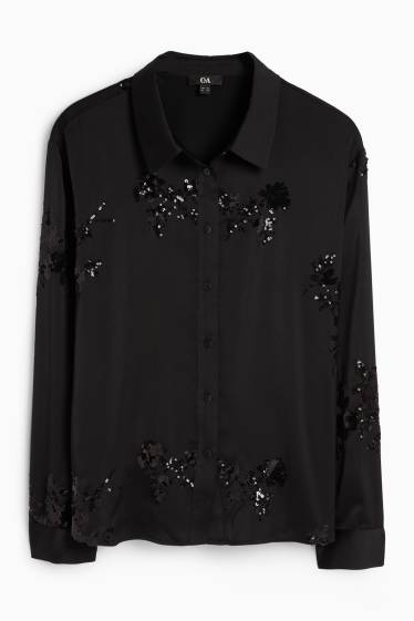 Femei - Bluză din satin - cu flori - aspect lucios - negru