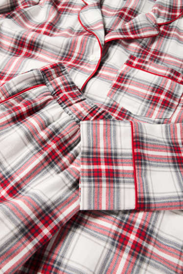 Femei - Set - pijama din flanel, mască de dormit și săculeț de pânză, cu motive de Crăciun - alb / roșu