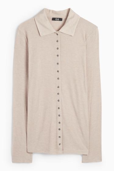 Femei - Tricou polo cu mânecă lungă - regular fit - cu reiați - bej