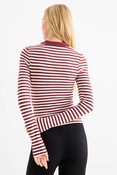 Women - Long sleeve polo shirt - slim fit - ribbed - embroidered - dark red / black
