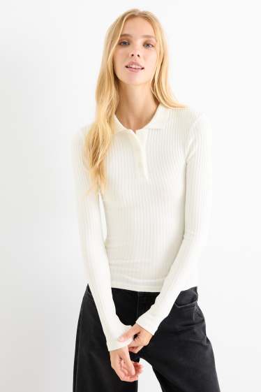 Women - Polo shirt - slim fit - ribbed - white