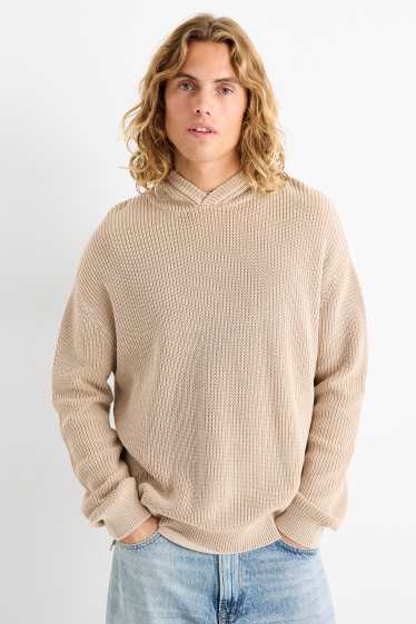 Hommes - Pull à capuche - finition côtelée - beige