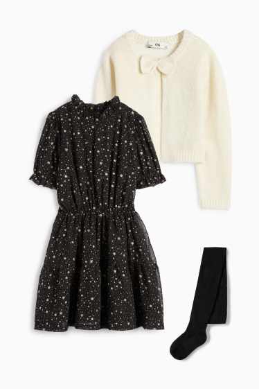 Copii - Fete - Set - rochie din șifon, cardigan tricotat și dresuri - 3 piese - negru