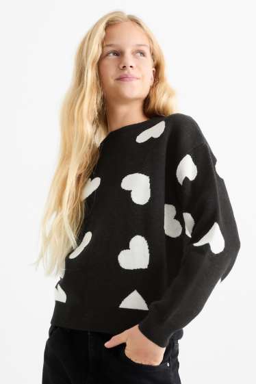 Children Girls - Heart - jumper - black / white