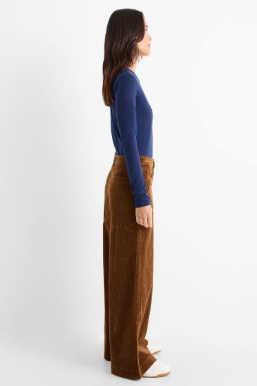 Dámské - Manšestrové kalhoty - mid waist - wide leg - LYCRA® - hnědá