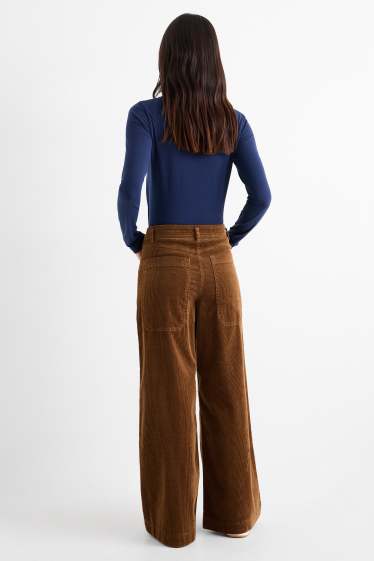 Dámské - Manšestrové kalhoty - mid waist - wide leg - LYCRA® - hnědá