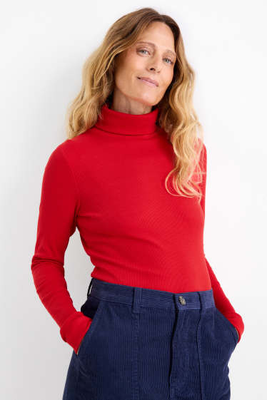 Damen - Rollkragenshirt - gerippt - rot