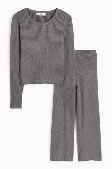 Copii - Fete - Set - tricou cu mânecă lungă și pantaloni din jerseu - reiați - 2 piese - gri închis