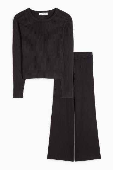 Copii - Fete - Set - tricou cu mânecă lungă și pantaloni din jerseu - reiați - 2 piese - negru