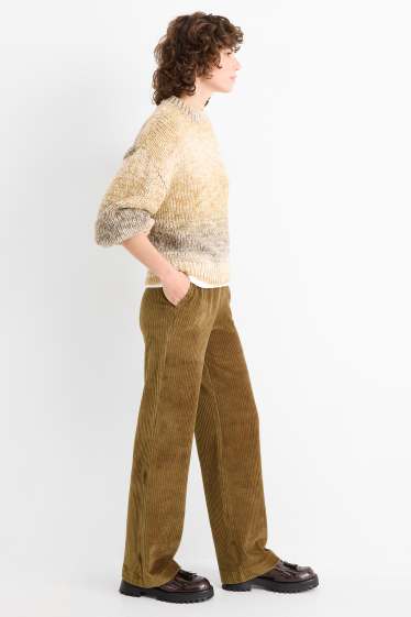 Femei - Pantaloni din catifea - talie înaltă - wide leg - reiați - bej