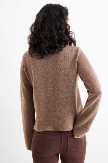 Dámské - Pletený kardigan - žebrovaný - hnědá