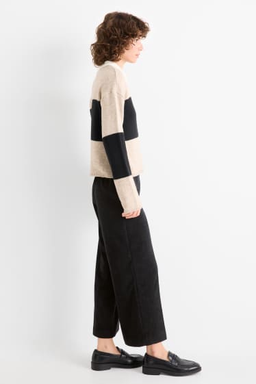 Femei - Pantaloni din catifea reiată - talie medie - wide leg - negru