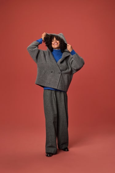 Femei - Pantaloni de stofă - talie înaltă - wide leg - structurați - gri închis