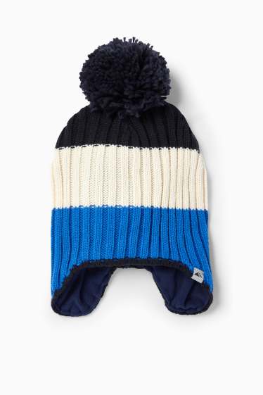 Children Boys - Pom-pom ski hat - ribbed - striped - blue