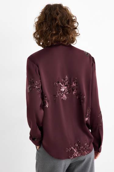 Women - Satin blouse - shiny - floral - purple