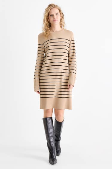 Femei - Rochie din tricot - cu dungi - bej