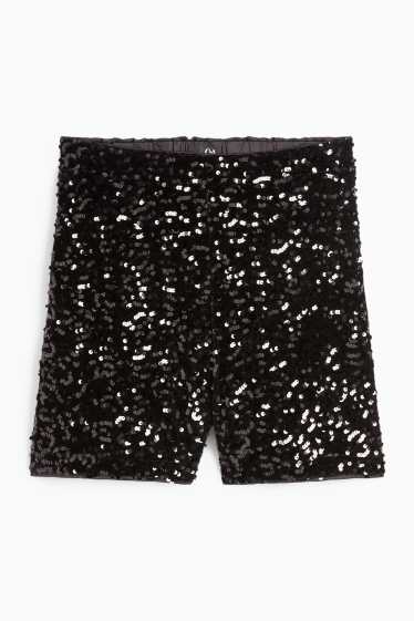 Femei - Pantaloni scurți cu paiete - talie înaltă - negru