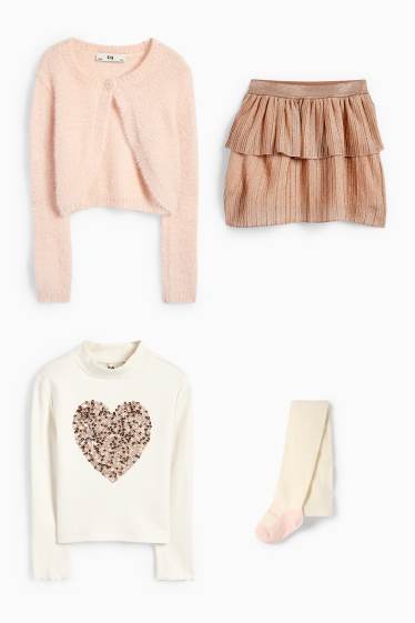 Copii - Fete - Set - tricou cu mânecă lungă, cardigan tricotat, fustă și dresuri - roz