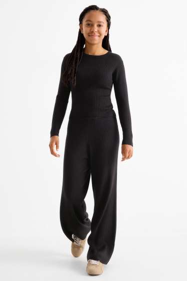 Copii - Fete - Set - tricou cu mânecă lungă și pantaloni din jerseu - reiați - 2 piese - negru