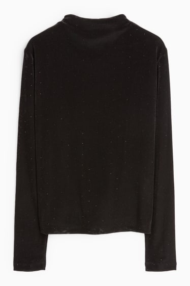 Women - Velvet long sleeve top with rhinestones - regular fit - black