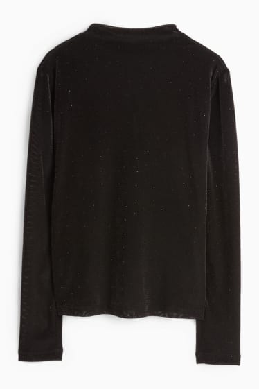 Women - Velvet long sleeve top with rhinestones - regular fit - black