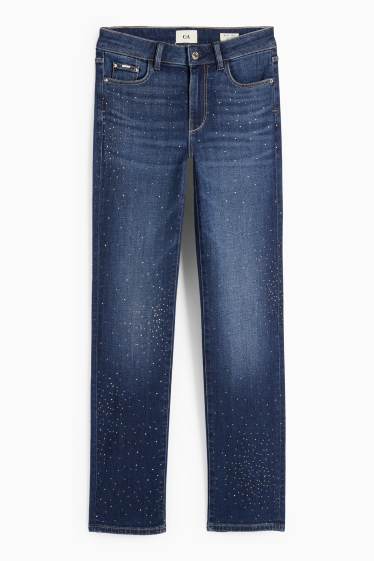 Femei - Straight jeans cu ștrasuri - talie medie - denim-albastru închis