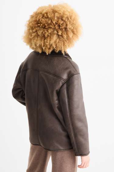 Femei - Geacă din piele shearling sintetică - imitație de piele - maro închis