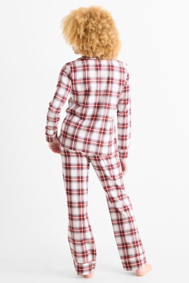 Femei - Set - pijama din flanel, mască de dormit și săculeț de pânză, cu motive de Crăciun - alb / roșu
