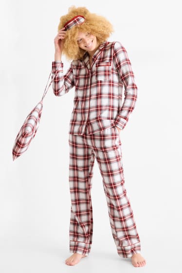 Femei - Set - pijama din flanel, mască de dormit și săculeț de pânză, cu motive de Crăciun - alb / roșu