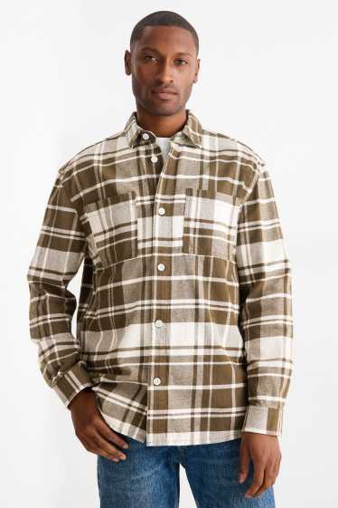 Bărbați - Cămașă din flanel - regular fit - guler Kent - în carouri - alb / bej