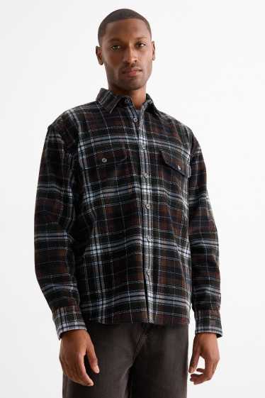 Bărbați - Cămașă din catifea reiată - loose fit - guler Kent - în carouri - negru