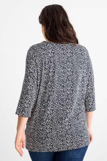 Femei - Tricou cu decolteu în V - cu flori - albastru închis