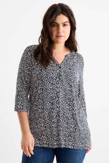 Femei - Tricou cu decolteu în V - cu flori - albastru închis