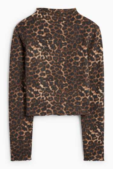 Femei - Tricou crop cu mânecă lungă - slim fit - imprimeu de leopard - negru / nej