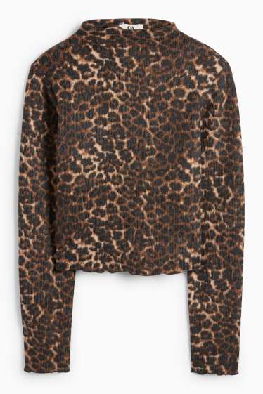 Femei - Tricou crop cu mânecă lungă - slim fit - imprimeu de leopard - negru / nej