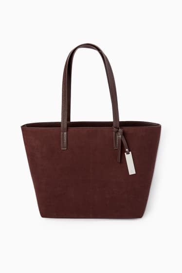 Femei - Geantă shopper mare - imitație de piele întoarsă - maro închis