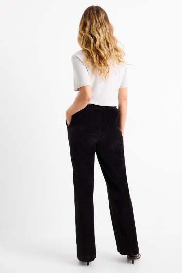 Femei - Pantaloni din catifea - talie înaltă - wide leg - reiați - negru