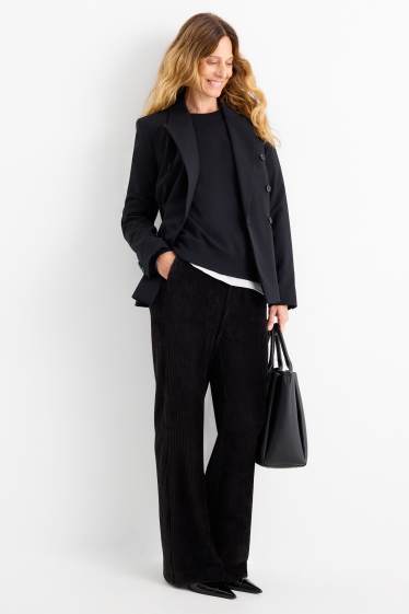 Femei - Pantaloni din catifea - talie înaltă - wide leg - reiați - negru
