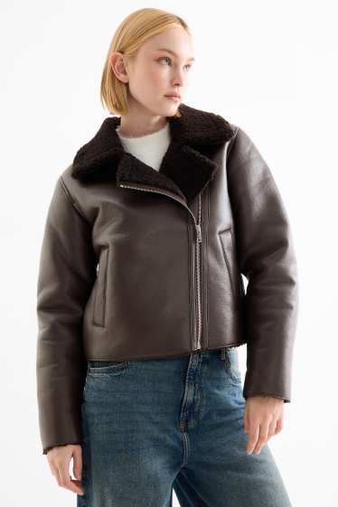 Femei - Geacă din piele shearling sintetică - imitație de piele - maro închis