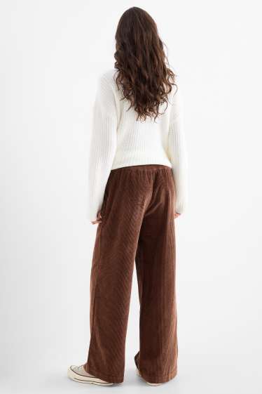 Dámské - Manšestrové kalhoty - mid waist - wide leg - tmavohnědá