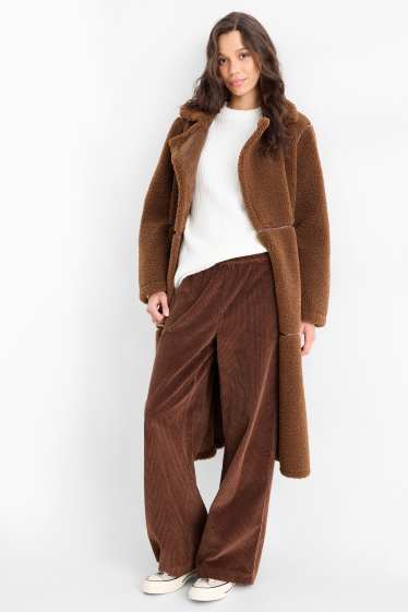 Dámské - Manšestrové kalhoty - mid waist - wide leg - tmavohnědá