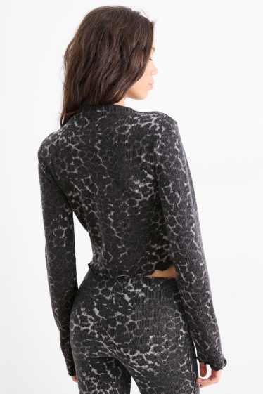 Femei - Tricou crop cu mânecă lungă - slim fit - imprimeu de leopard - negru / gri