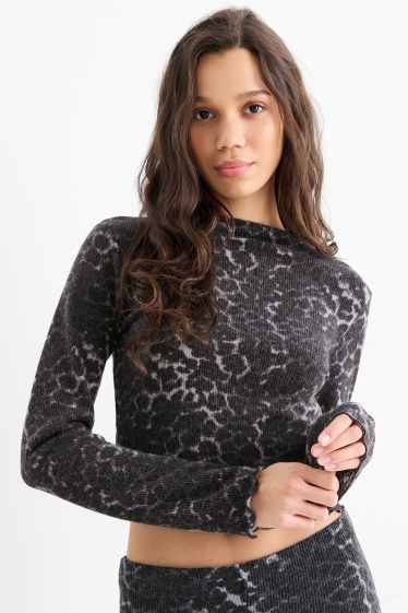 Femei - Tricou crop cu mânecă lungă - slim fit - imprimeu de leopard - negru / gri
