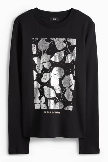 Femei - Tricou cu mânecă lungă cu ștrasuri - regular fit - aspect lucios - negru