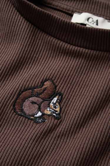 Women - Cropped long sleeve top - slim fit - ribbed - dark brown