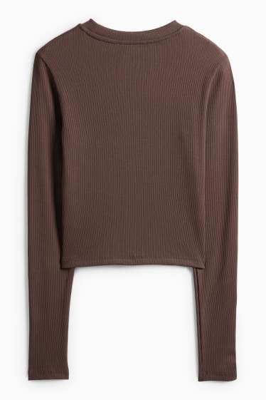 Women - Cropped long sleeve top - slim fit - ribbed - dark brown