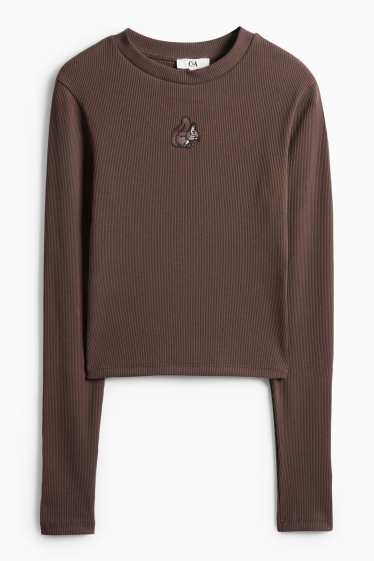 Women - Cropped long sleeve top - slim fit - ribbed - dark brown